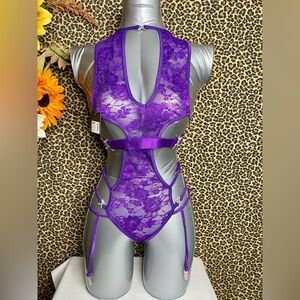 🦋B2G1🦋G-WORLD Dreamy Grape Cut-Out Lace Halter Bodysuit With Garters ONE SIZE